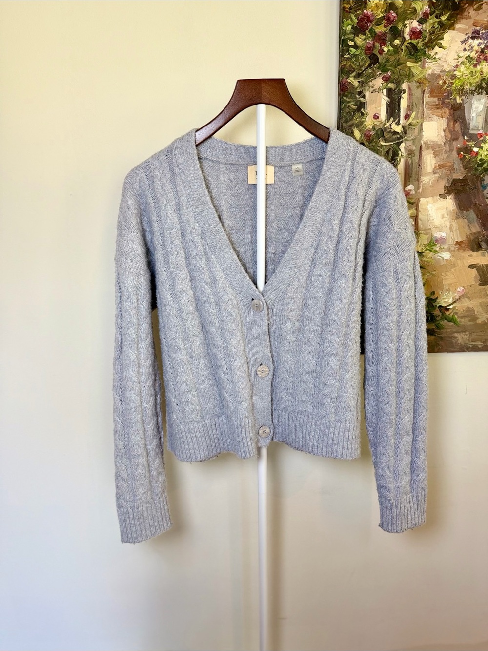 Elie Tahari Cropped Cable Knit Cardigan Gray V-Neck Button Front Large